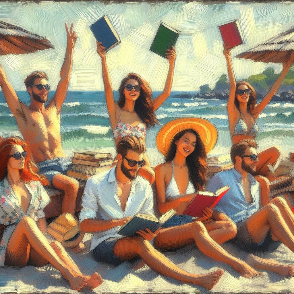 Handsome men and beautiful women in summer attire at a beachside resort reading or holding books up in the air and celebrating, drawn in the impressionistic style of Monet.