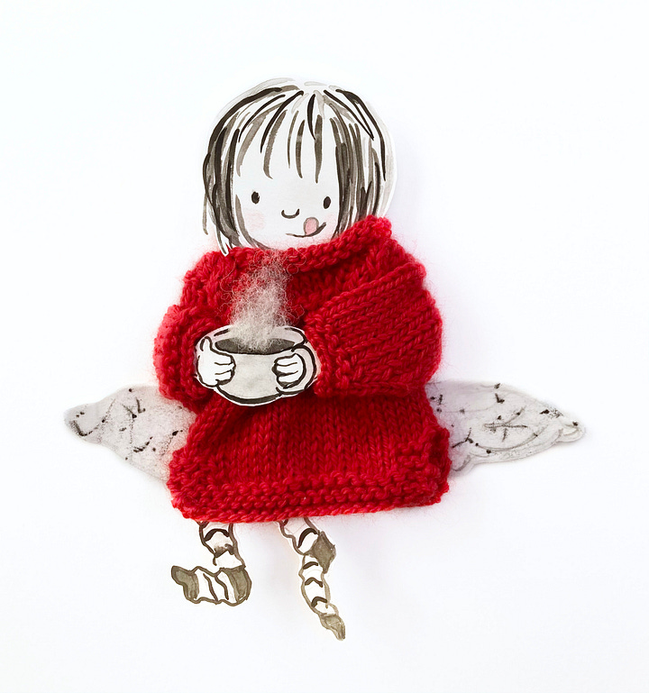 Two versions of the same textile collage illustration by Hannah Sanguinetti showing a little girl in a red hand-knitted jumper sitting on a big cushion and drinking a hot drink.