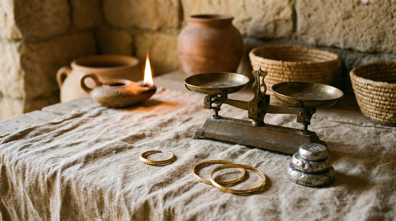 A single gold nose ring and two gold bracelets resting on a small bronze balance scale beside a stack of silver weights on rough linen, warm lamplight, no people, no faces, no text A single gold nose ring and two gold bracelets resting on a small bronze balance scale beside a stack of silver weights on rough linen, warm lamplight, no people, no faces, no text