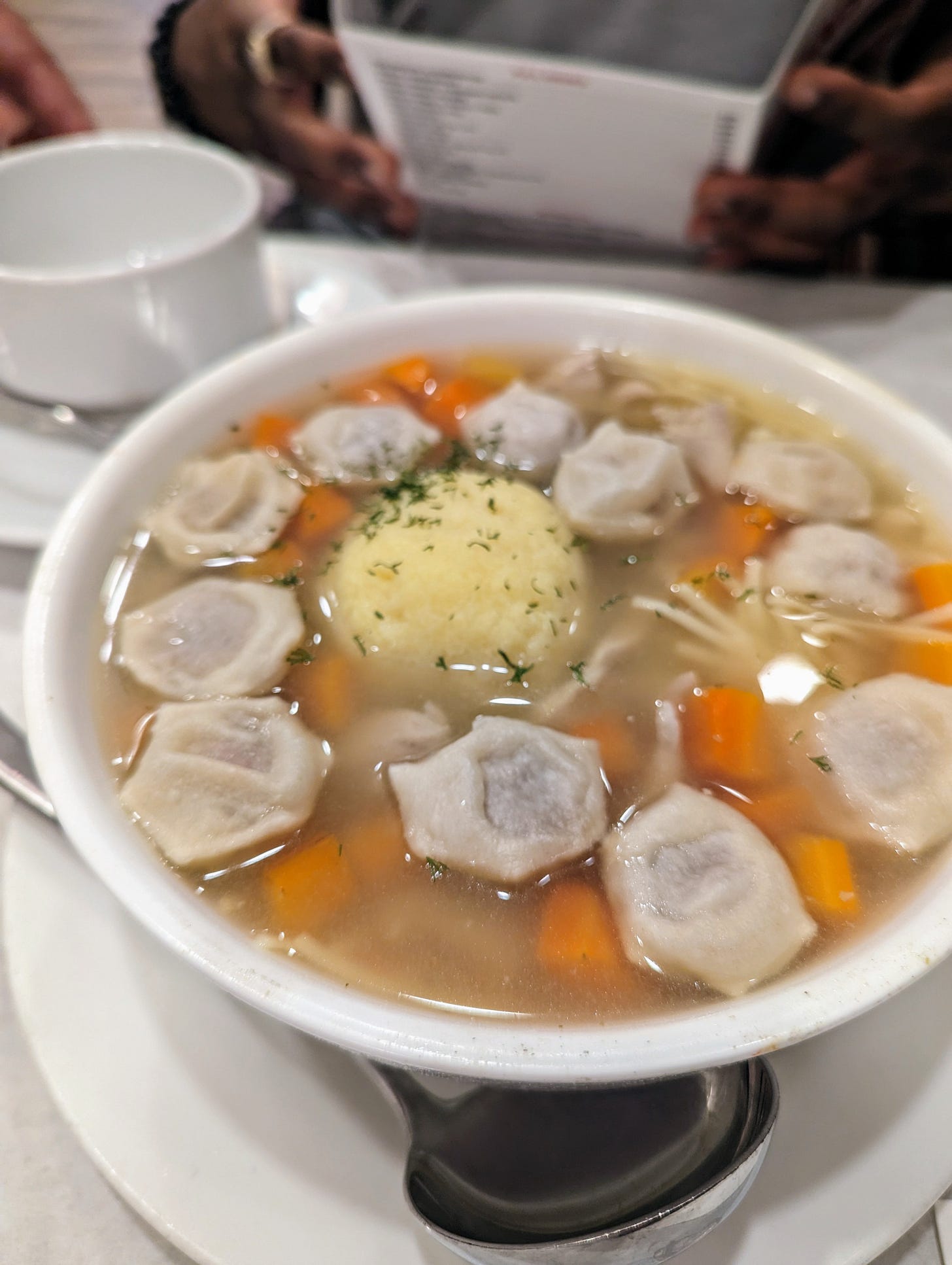 Triple delight soup: a bowl of clear brother with a matzo ball, carrots, yellow noodles, and dumplings, with dill sprinkled on top.