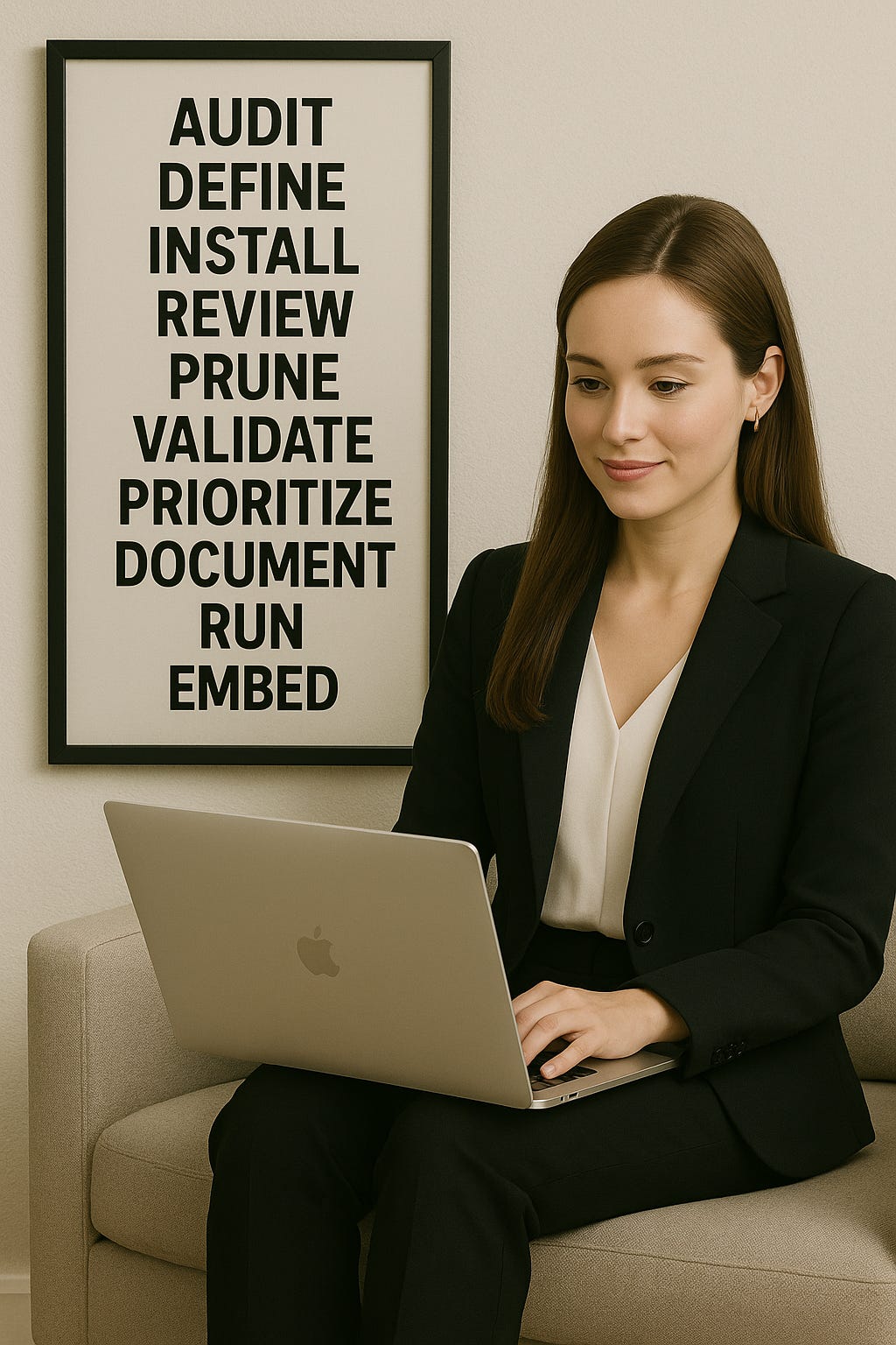 Businesswoman working on a laptop with a wall poster showing startup process steps like audit, validate, and prioritize