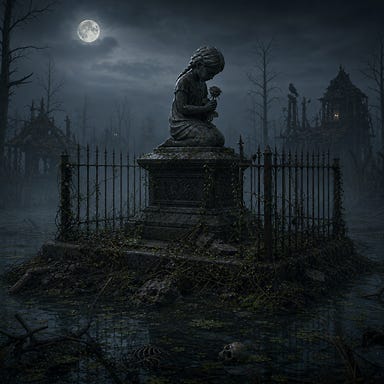 Marina’s Monument in Berez at night, raised plot surrounded by rusted iron fence, kneeling stone girl holding a rose, mist and moonlight, swamp clearing atmosphere
