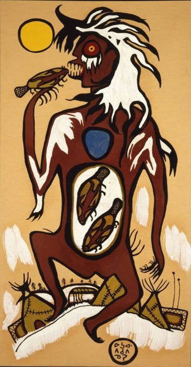 This may contain: an image of a man with feathers on his head and body, holding a knife in one hand