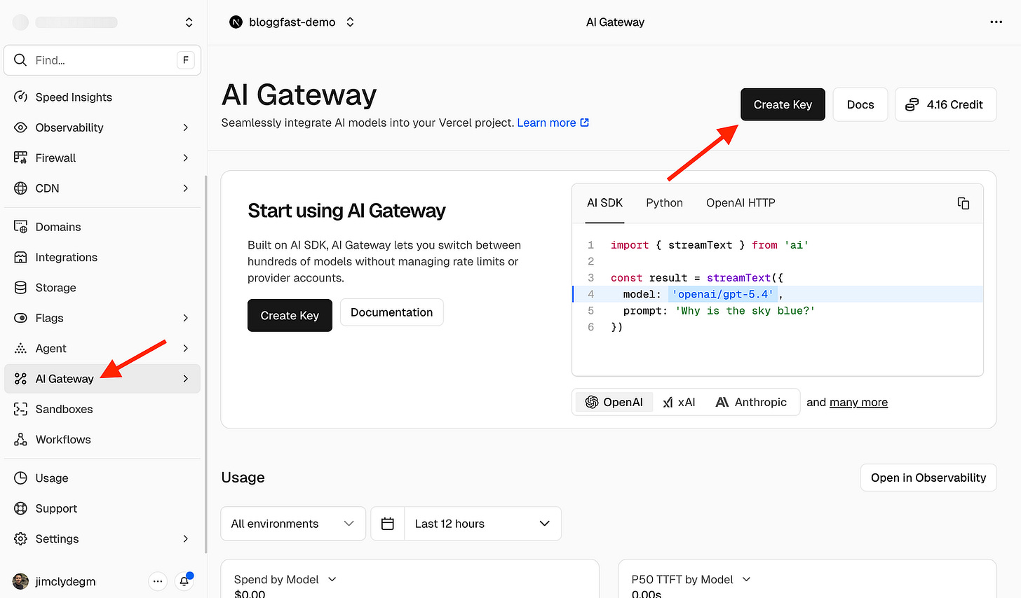 Setting up the AI Gateway for BloggFast in Vercel. Image by Jim Clyde Monge