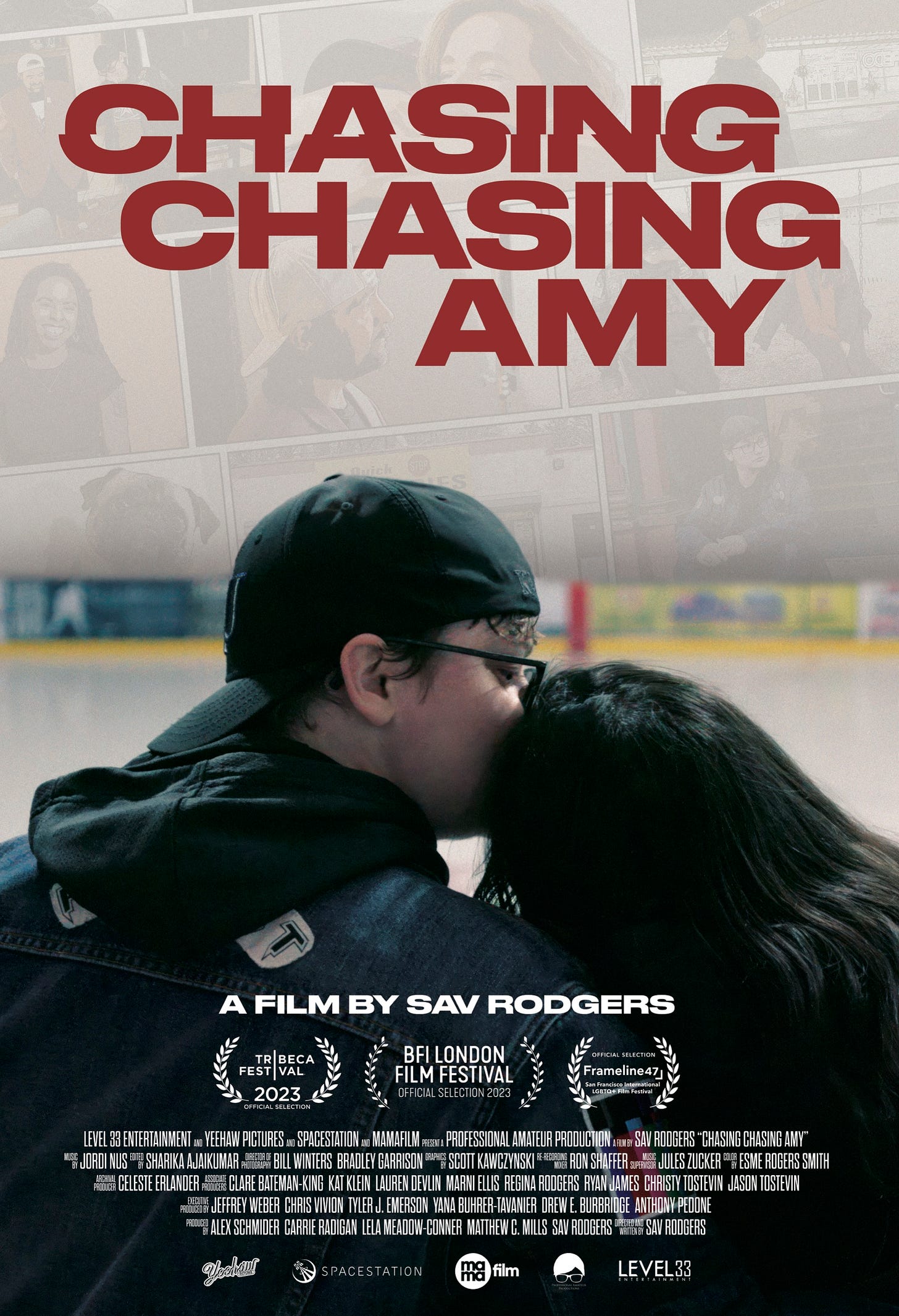 This is the poster for Chasing Chasing Amy. The hero image shows Sav Rodgers kissing Riley Rodgers' head at the Ocean Ice Palace, a location from Chasing Amy. In the background, behind the Chasing Chasing Amy logo text, there are faded comic book panels showing moments from the film, including Sav revisiting Chasing Amy locations, Princess Weekes, a pug named Teddy, and moments with Kevin Smith and Guinevere Turner.