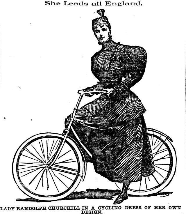 Newspaper drawing of Lady Randolph Churchill astride a bicycle, 1895 (Source: Wikimedia Commons)