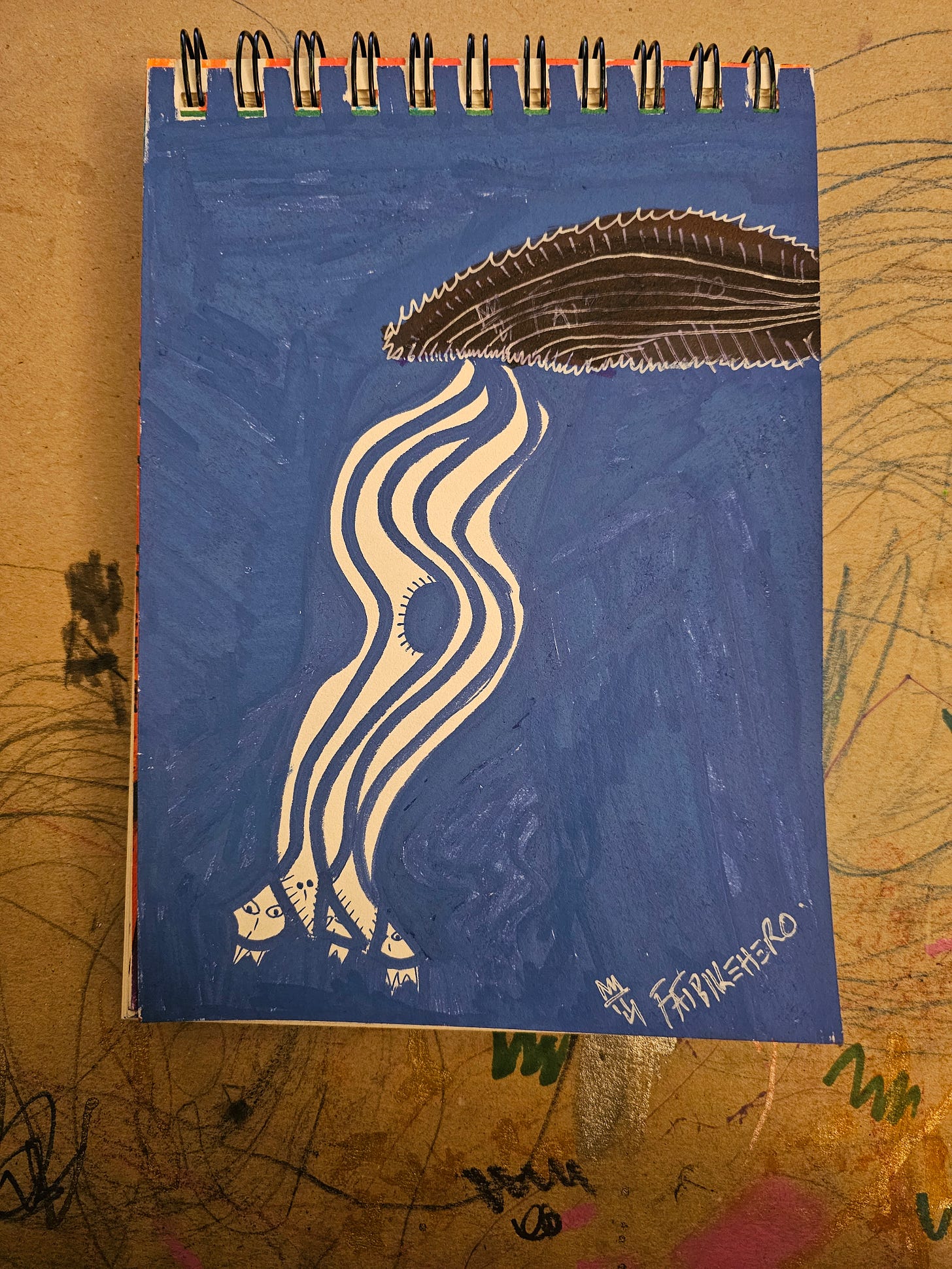 Alt Text: A vertical acrylic painting by FatbikeHero titled "Black Magicians of the Virtual Simulation." A dark, jagged shape at the top drips white wavy lines against a blue background. The lines form a central eye and end in small viper heads, symbolizing spiritual entrapment. Alt Text: A vertical acrylic painting by FatbikeHero titled "Black Magicians of the Virtual Simulation." A dark, jagged shape at the top drips white wavy lines against a blue background. The lines form a central eye and end in small viper heads, symbolizing spiritual entrapment.