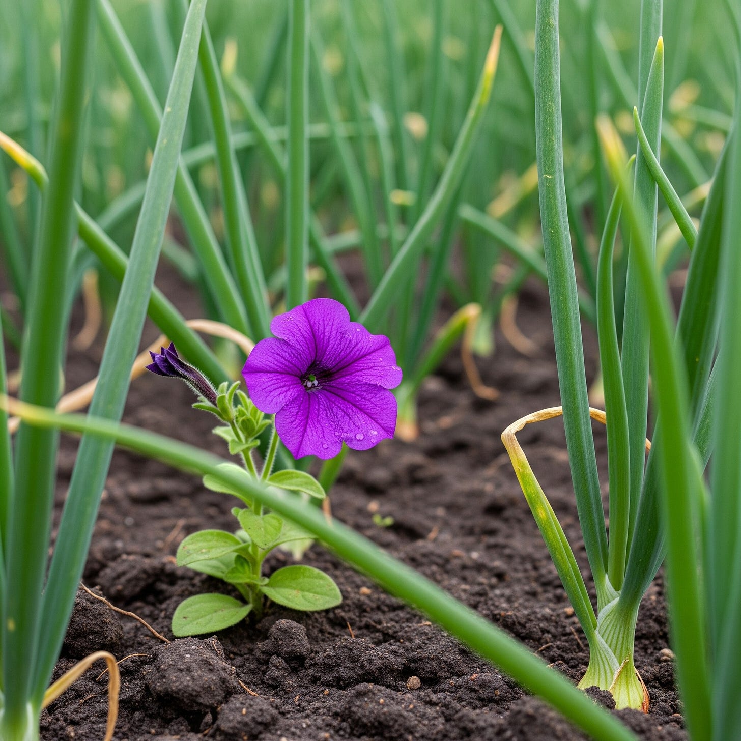 a lonely little petunai in an onion patch