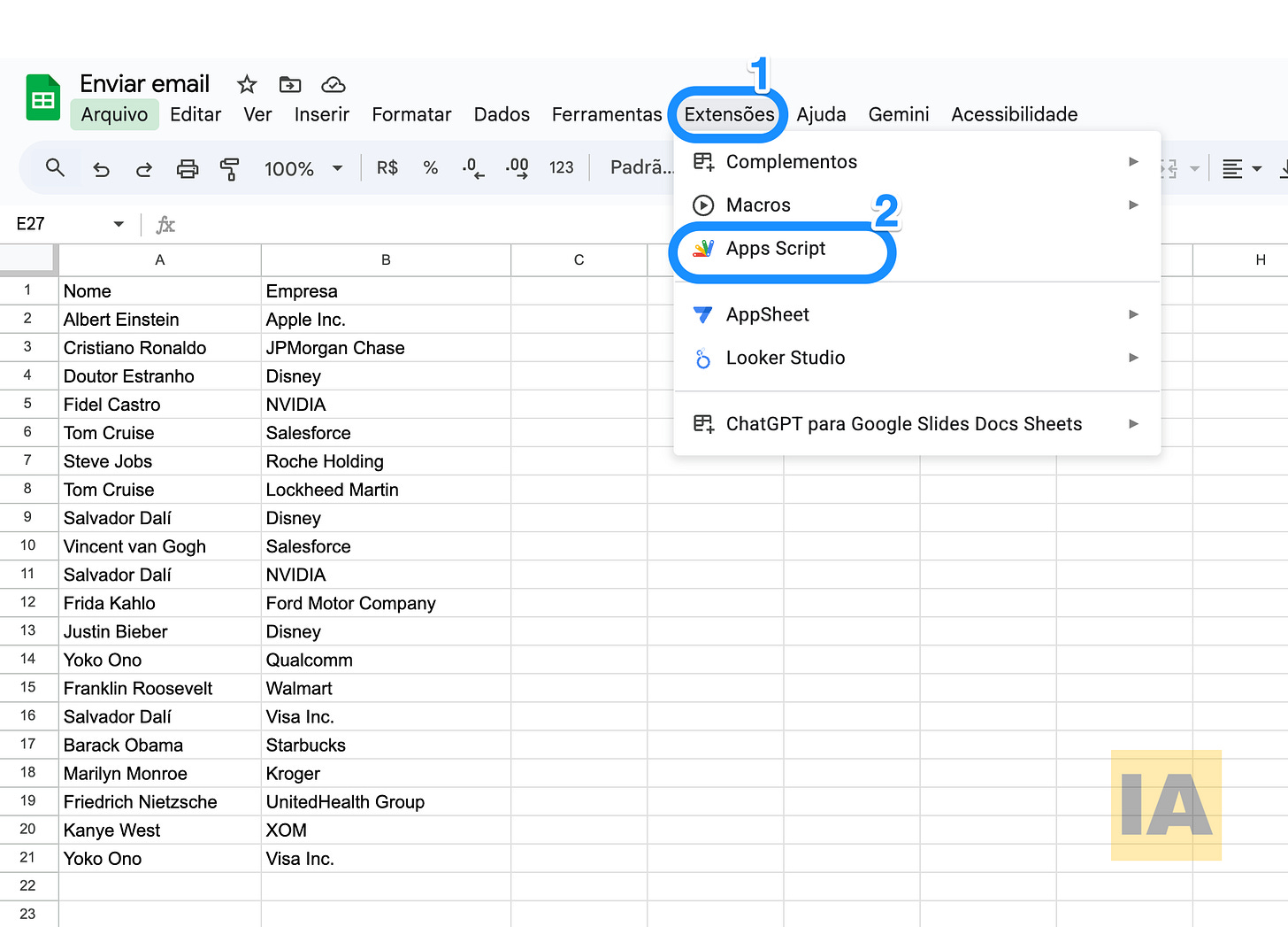 Imagem: Menu Extensões > Apps Script Imagem: Menu Extensões > Apps Script