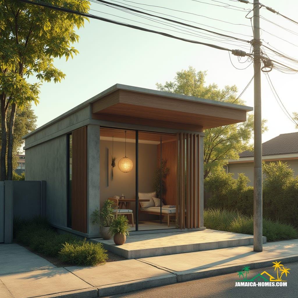 Kingston Minimalist Micro Home Design: Single 20-ft module with front timber pergola and small patio. Materials: Concrete, steel, glass, timber for outdoor area. Features: Rainwater harvesting, solar panels, thin vertical windows, ventilated roof. Environment: Small urban lot, paved streets, tropical sunlight. Style Notes: Compact, ultra-modern, sustainable, cozy but stylish.