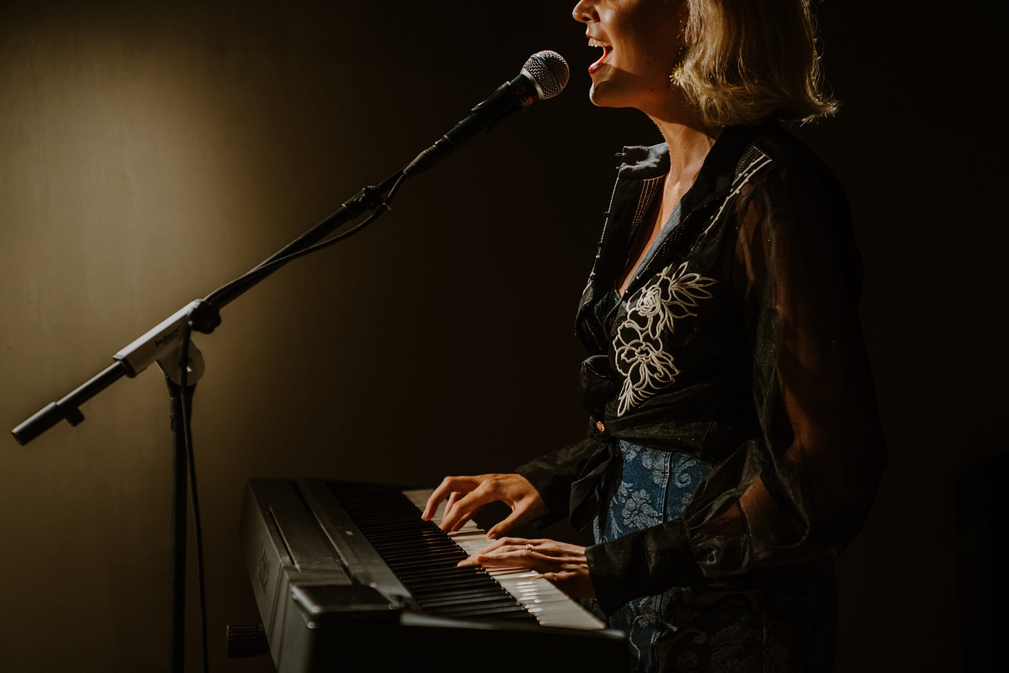Singer-songwriter Sydney Barnett performs under warm stage lighting, singing into a microphone while playing an electric keyboard. She wears a sheer black blouse with floral embroidery and patterned blue high-waisted pants, exuding elegance and focus. Her side profile and expressive pose convey emotion and artistry.