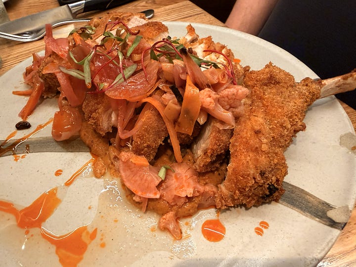 Merotoro dishes: Rice with crab and sweetbreads, salad with poached egg, "schnitzel," pumpkin and crab soup