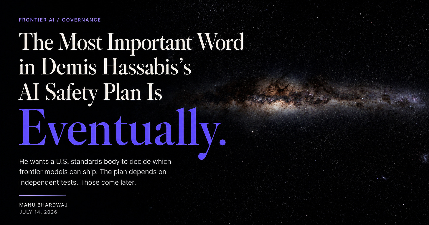 Editorial cover for “The Most Important Word in Demis Hassabis’s AI Safety Plan Is ‘Eventually’,” set against a galaxy. Editorial cover for “The Most Important Word in Demis Hassabis’s AI Safety Plan Is ‘Eventually’,” set against a galaxy.