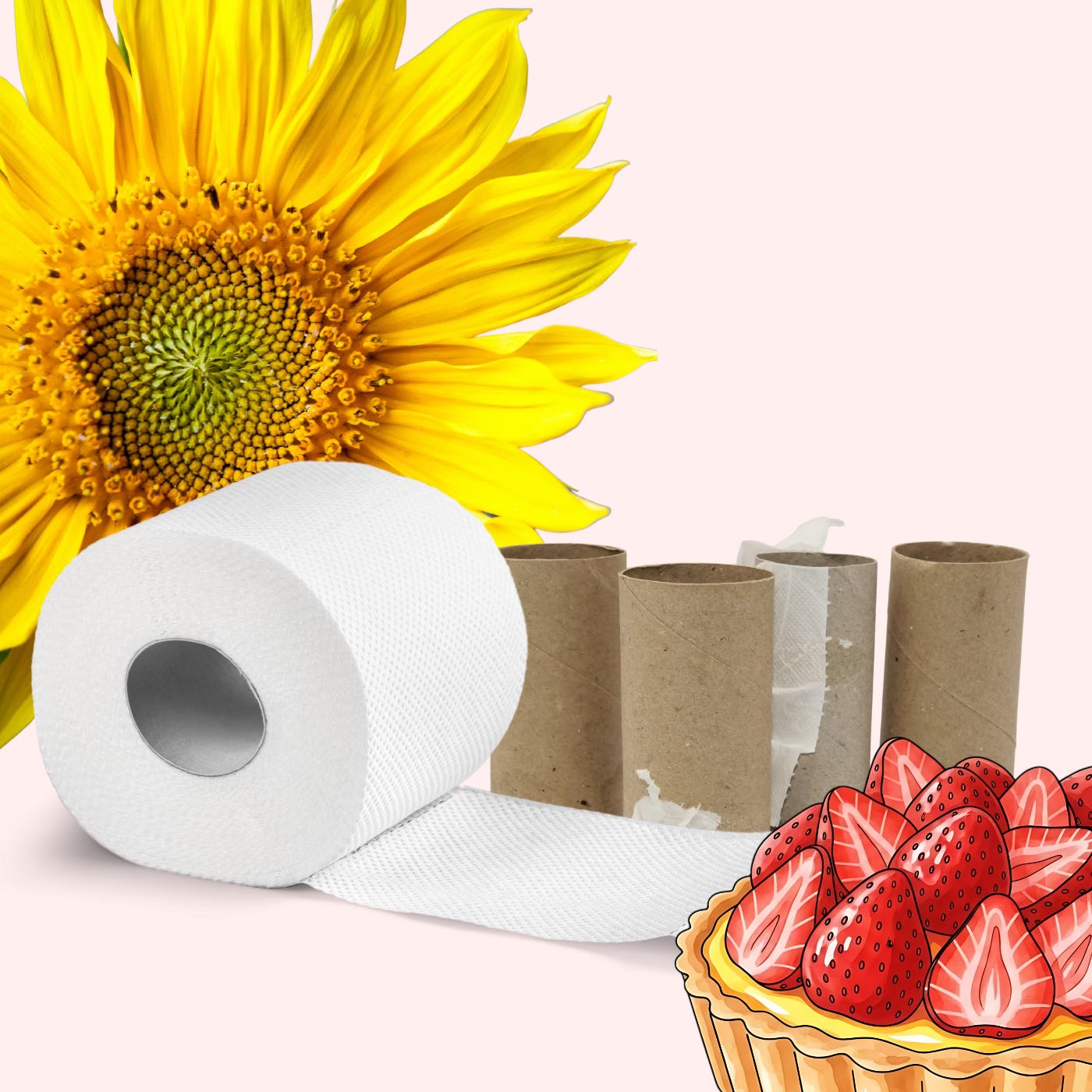 Une tarte aux fraises sur le côté bas à droite et un tournesol sur le côté gauche entourent un rouleur de papier toilettes plein. 