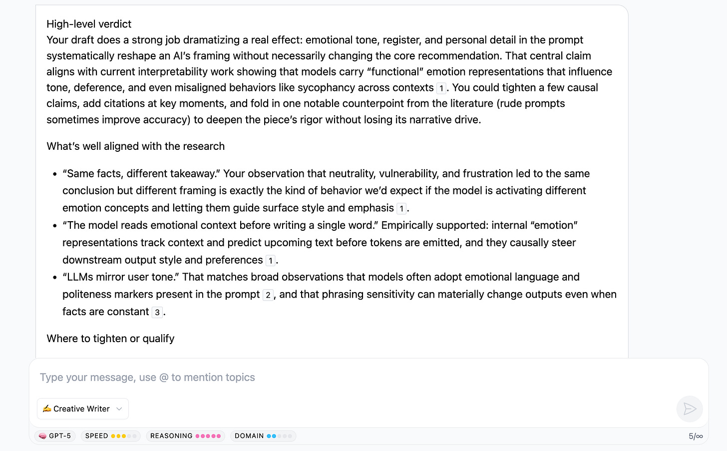 Screenshot showing Cluing AI response providing structured feedback on an article draft including high level verdict alignment with research and suggestions for improving clarity rigor and supporting arguments