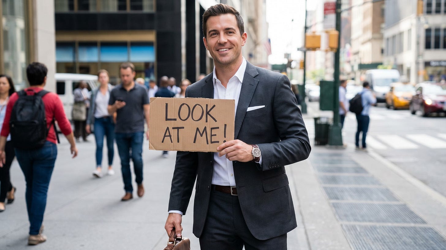 A man in a business suit holds a sign that says "look at me" on a busy street corner.