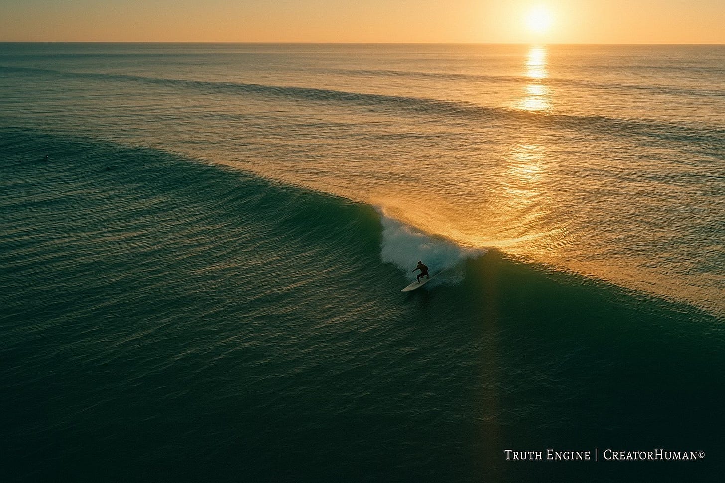 Aerial view of coastline — gold water, green fields, human figures moving like pulse points along the tide.