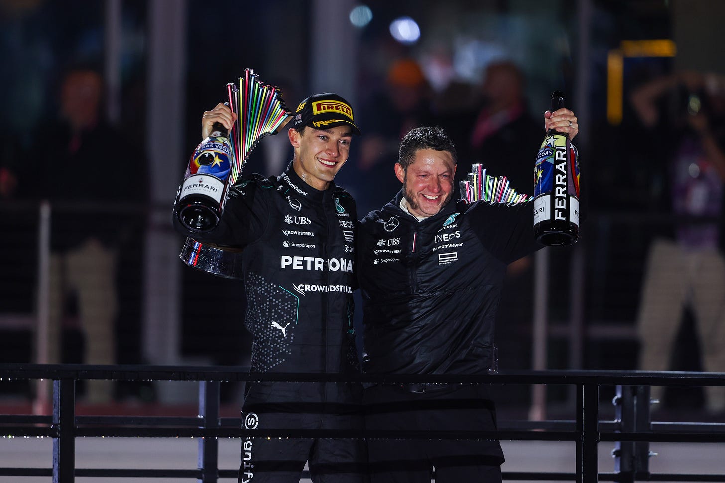 George Russell celebrates after winning the Las Vegas GP in 2024. Photo Credit: Jiri Krenek/Mercedes F1
