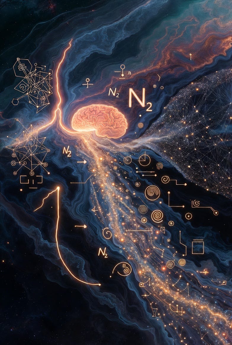 A digital illustration of abstract mathematical and conceptual elements in a cosmic setting.