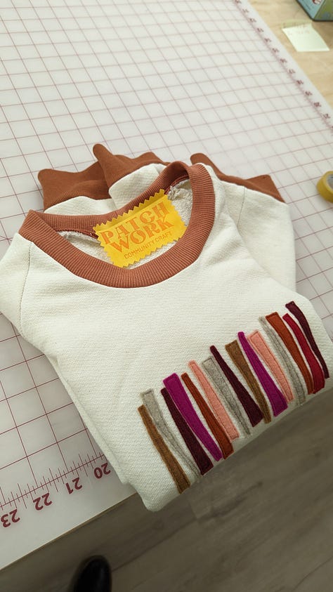 a sweatshirt with applique, copying a red jacket, a baseball cap with embroidery