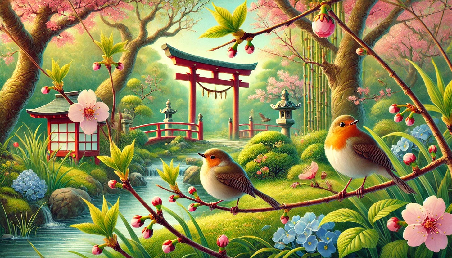 A serene springtime scene with a Japanese flavor. Buds on cherry blossom trees are swelling, signaling the start of bloom, while other plants stretch upward with new green shoots. Birds are perched on branches, puffing out their chests in joyful song. The setting includes a traditional Japanese garden with a torii gate in the background and a gentle stream winding through. Soft sunlight illuminates the vibrant colors of the scene, emphasizing the harmony and awakening of spring.