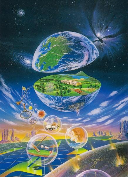 A arte apresenta uma representação única da Terra dividida, revelando um ambiente interno com construções e paisagens.  Inclui elementos flutuantes em bolhas, como equipamentos esportivos e um carrinho de golfe, sugerindo atividades de lazer no espaço. 