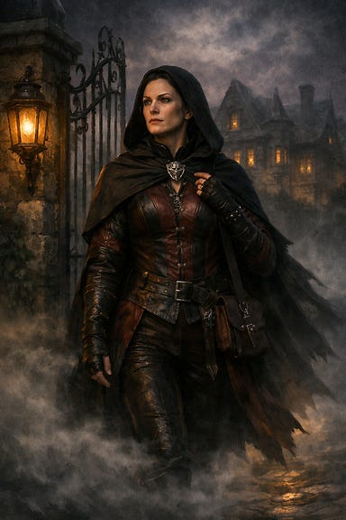 Lady Fiona Wachter departing Wachterhaus with noble bearing, in her own traveling leathers, standing at wrought‑iron gates in Barovian twilight, mist and lantern glow