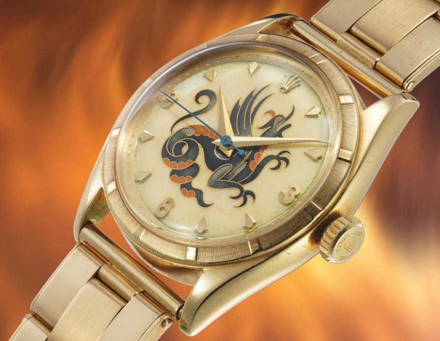 Rolex Ref. 6085 ‘The Dragon’, cloisonné enamel by Nelly Richard, 1952, Lot 119