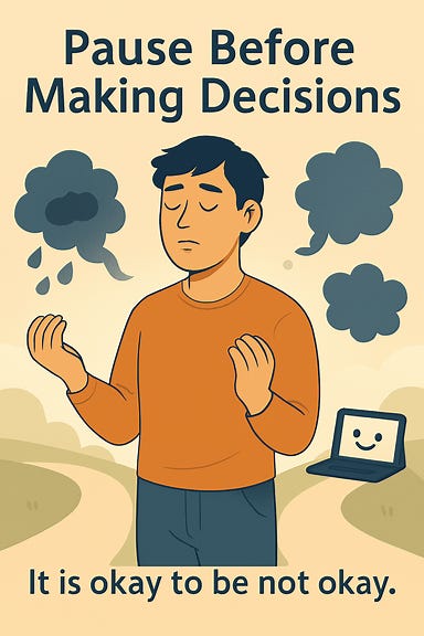 An illustration titled 'Pause before making decisions—self-awareness over impulse'. A person stands at a crossroads, pausing with eyes closed, taking a deep breath. Swirling emotional symbols—stress, fear, pride—surround them. The environment is calm, and their body language shows tension slowly releasing: hands unclenching, posture relaxing. In the background, decision paths are visible but blurred, emphasizing that no choice is being rushed. A subtle presence of digital tools or an AI assistant nearby symbolizes support for reflection and thoughtful decision-making. The overall mood is mindful, composed, and self-aware. Style is modern, clean, and professional—suitable for a blog about workplace wisdom and personal growth.