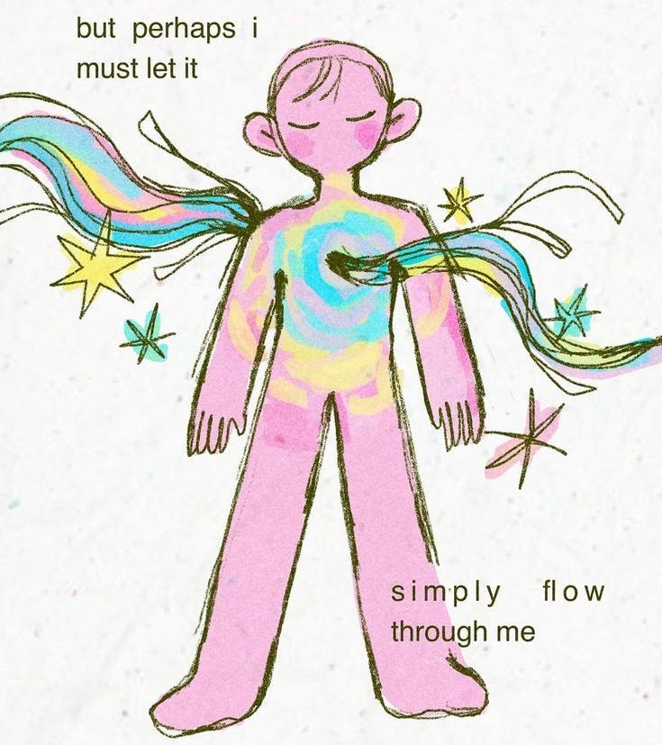 This may contain: a drawing of a person with long hair and stars around their shoulders, but perhaps i must let it simply flow through me
