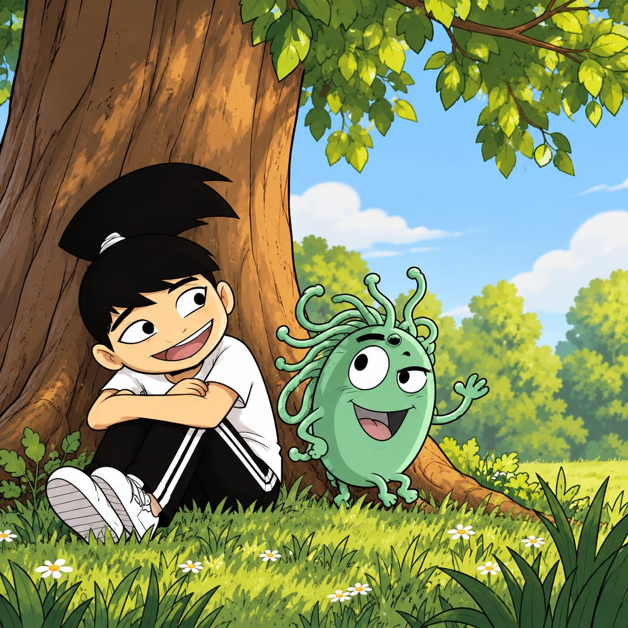 Zara and Omie relax beneath a leafy tree on a sunny afternoon.