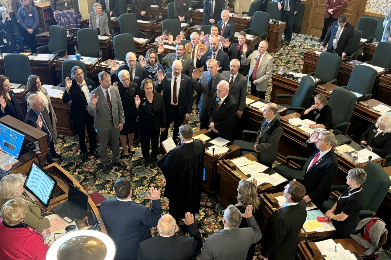 A photo of new Montana state senators being sworn in. A photo of new Montana state senators being sworn in.