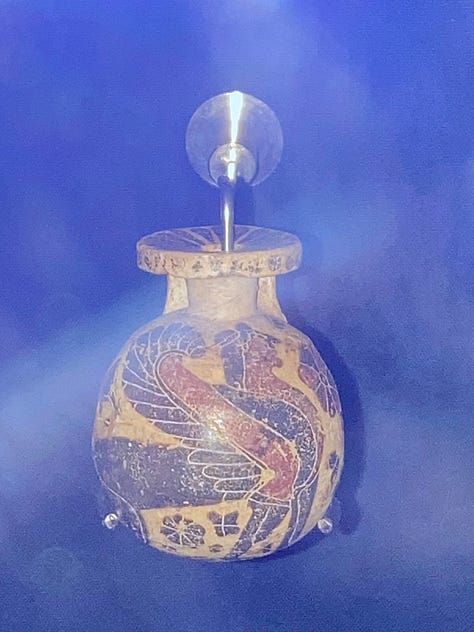Various ceramics, vases, paintings, posters, iconography, statues, ruins, caves with wings