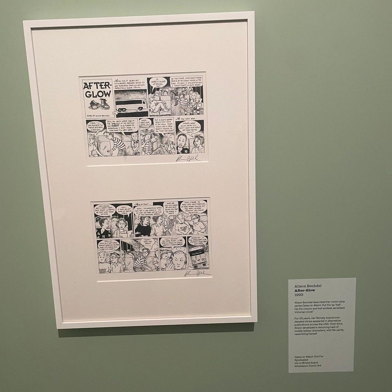Original artwork from After Glow by Alison Bechdel. Bechdel is one of the most influential figures in contemporary queer comics. The exhibition also includes original pages from her landmark graphic memoir Fun Home (2006).