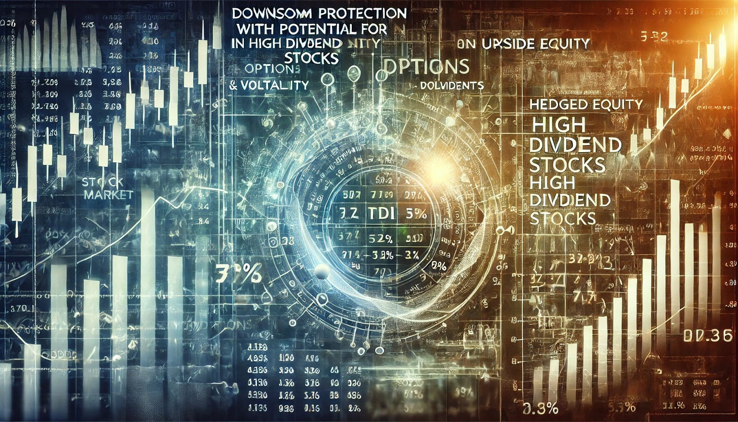 A dynamic image for a finance blog capturing the concept of options and volatility with a focus on dividends and hedged equity. The image should evoke downside protection with potential for upside gain in high dividend-paying stocks. Include mathematical symbols, charts, and graphs. Elements like stock market tickers, dividend symbols, and financial data should be incorporated. The background can feature abstract financial diagrams and equations to emphasize the analytical aspect. Use colors that represent financial growth and stability, like greens and blues, to make it visually appealing and attention-grabbing.