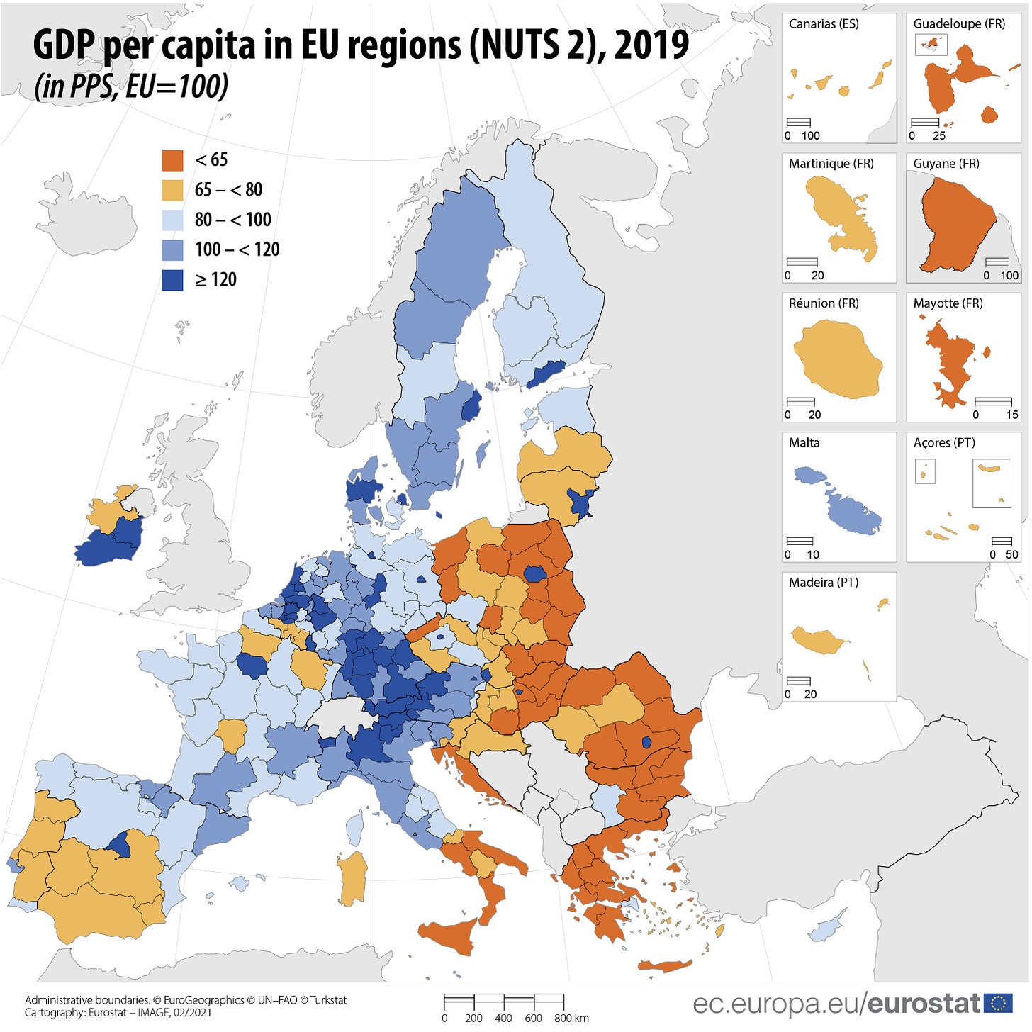 Regional GDP per capita ranged from 32% to 260% of the EU average in 2019 -  Products Eurostat News - Eurostat