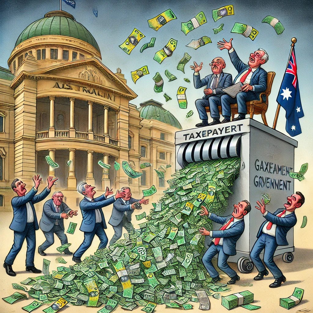 A satirical illustration of the Australian government symbolically wasting money. A grand government office with politicians casually tossing stacks of cash into the air, some bills floating away in the wind. Others are using taxpayer money as wallpaper or feeding it into a giant paper shredder. The scene is exaggerated and cartoonish, emphasizing financial waste in a humorous way.