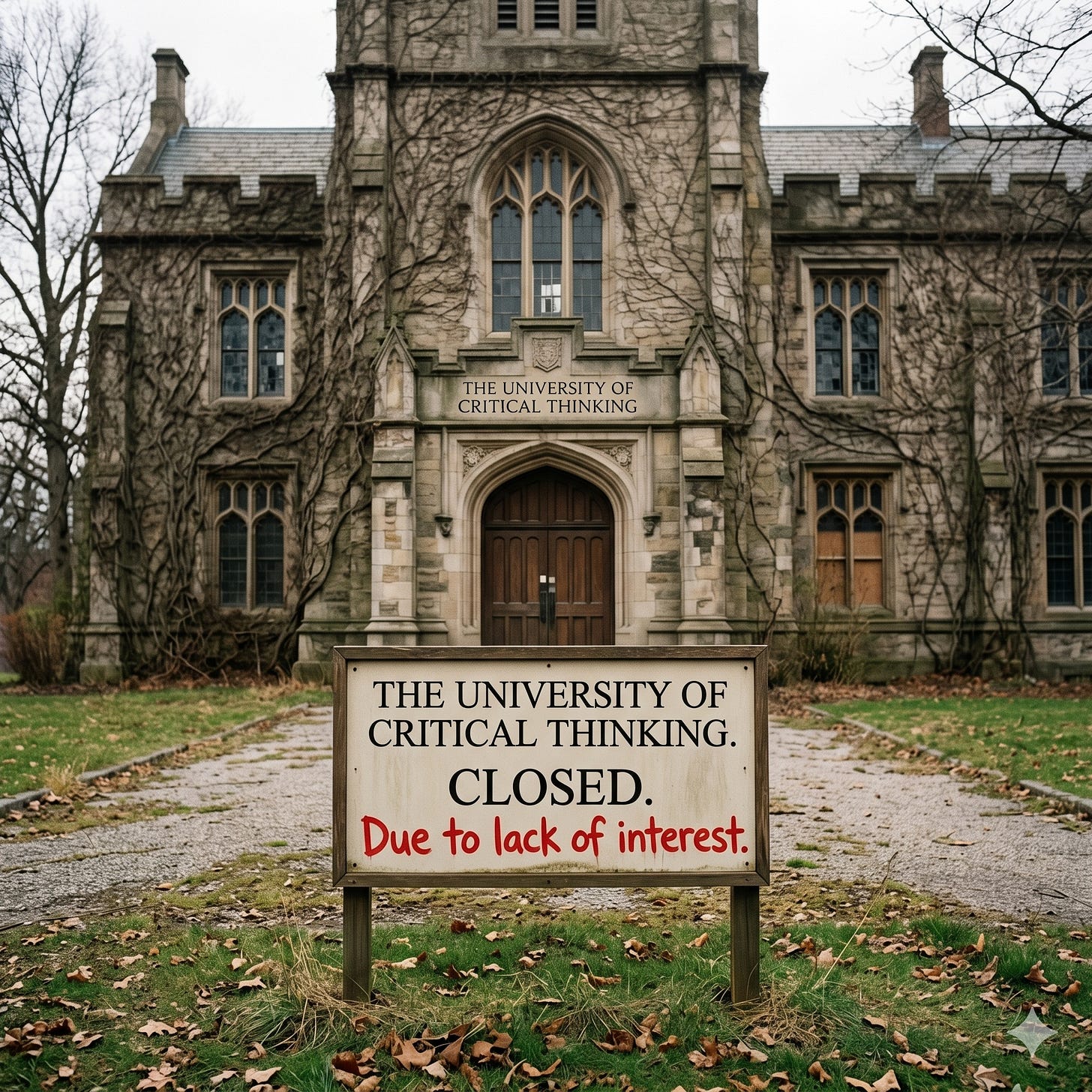 "A neglected gothic university building with bare vines on its stone facade bears the inscription 'The University of Critical Thinking.' In the foreground, a notice board reads: 'CLOSED. Due to lack of interest.' Article image for The Demolition of Critical Thinking by John Langley, The Almighty Gob — an analysis of the collapse of critical thinking in British higher education." "A neglected gothic university building with bare vines on its stone facade bears the inscription 'The University of Critical Thinking.' In the foreground, a notice board reads: 'CLOSED. Due to lack of interest.' Article image for The Demolition of Critical Thinking by John Langley, The Almighty Gob — an analysis of the collapse of critical thinking in British higher education."