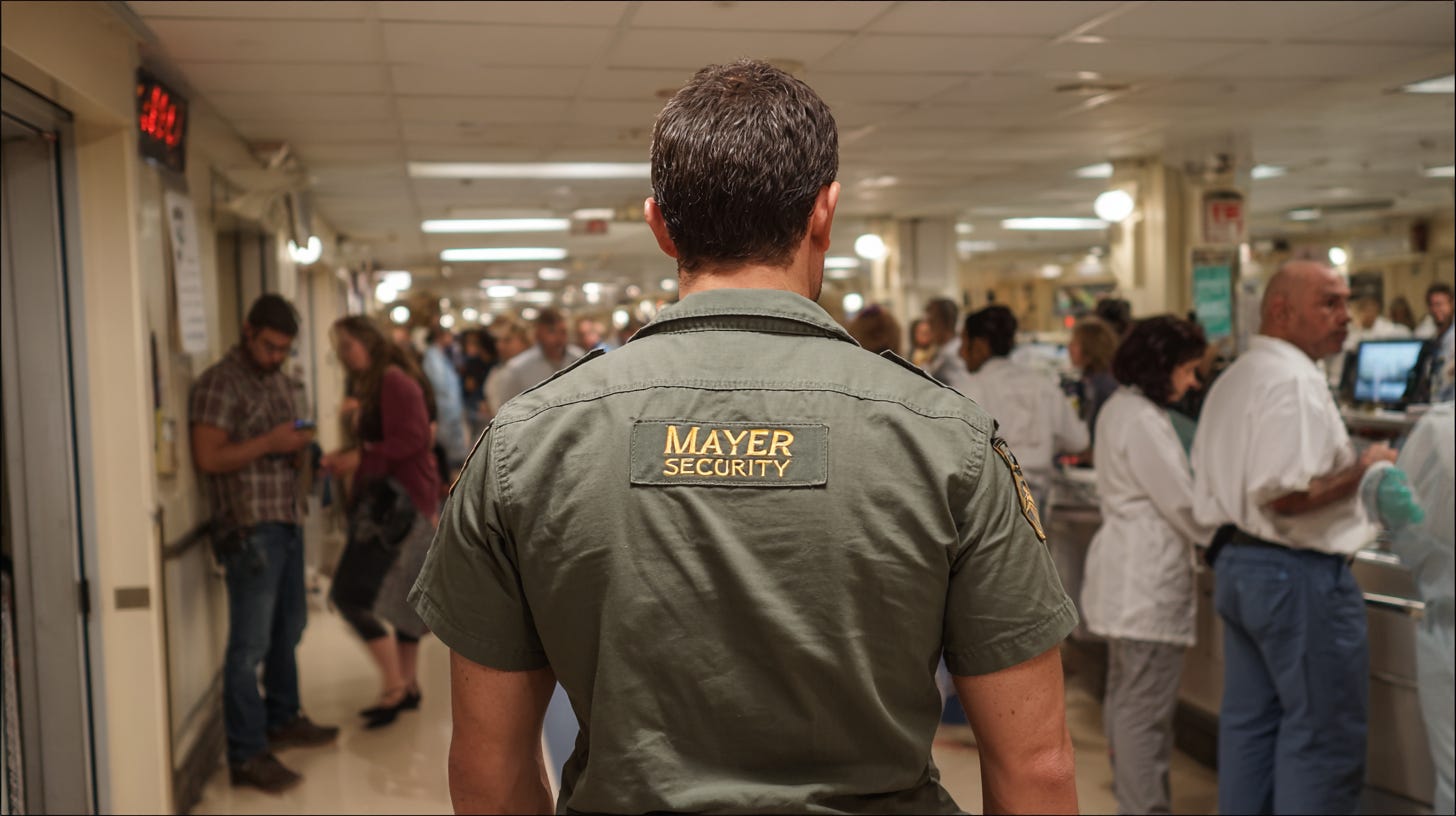 Houston Security Guard Company Mayer Security Services, Hospital Security Guard in OD green uniform in a hospital