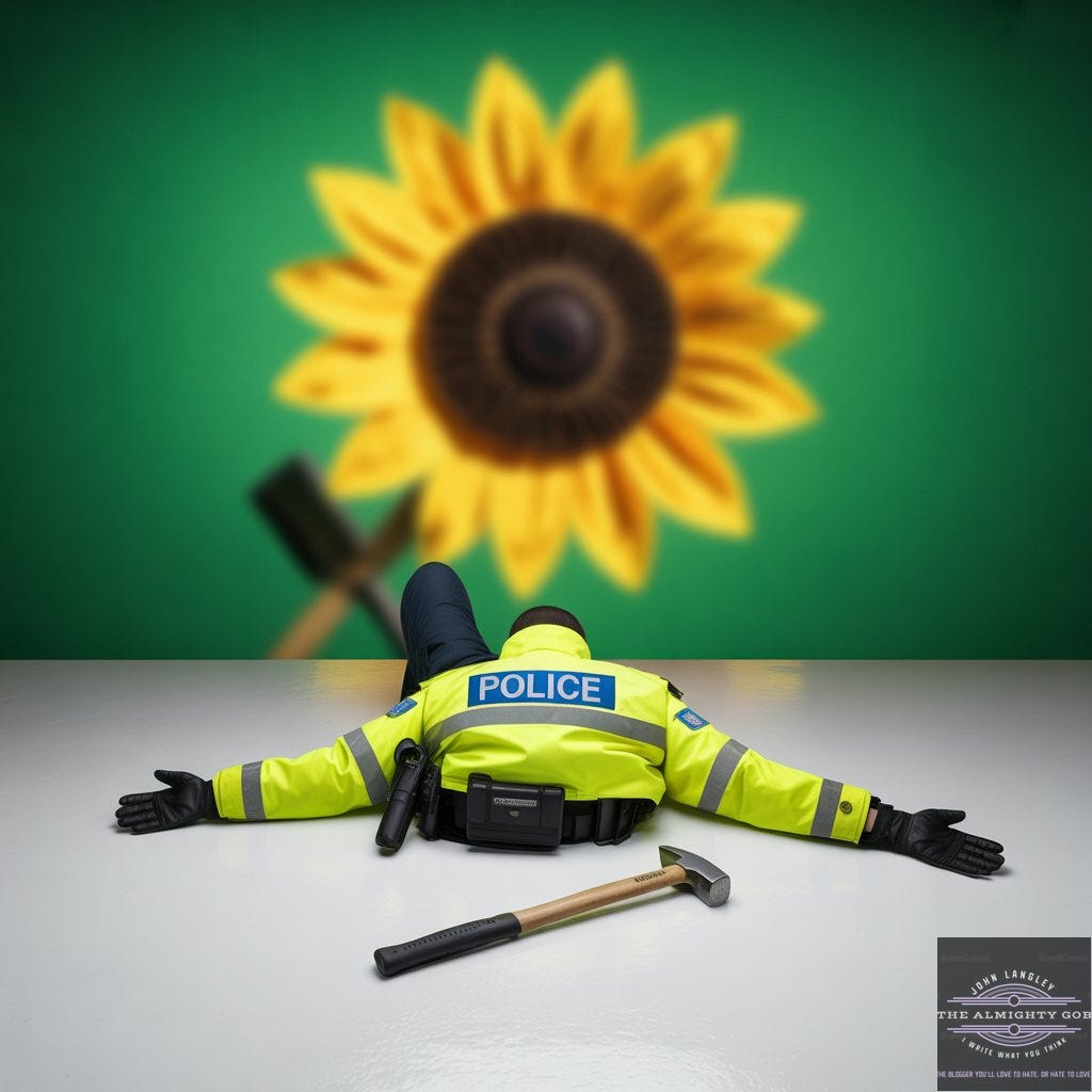 A police officer lies face down on a white floor, arms outstretched, a sledgehammer beside them. Behind them, the Green Party sunflower logo fills the background in green and yellow. Image created in connection with The Almighty Gob article: Filton to the Ballot Box — The Line the Greens Won't Draw-© 2026 John Langley / The Almighty Gob. All rights reserved. thealmightygob.com