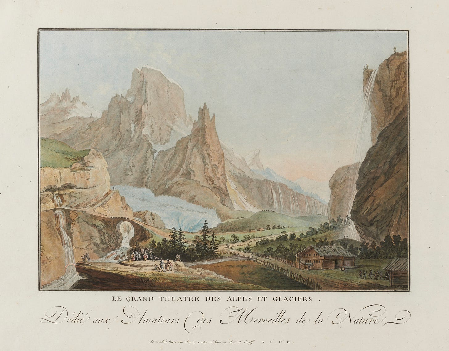 19th-century print, rocky mountains, waterfall and glacier 19th-century print, rocky mountains, waterfall and glacier