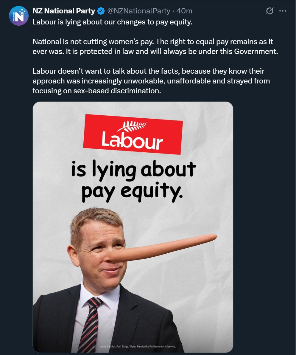 National Party attack ad showing Chris Hipkins with a large nose from lying.