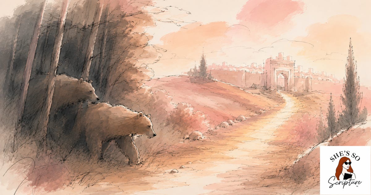 Illustration for "The Bears": two bear shapes emerging from forest shadow beside a road leading toward a hilltop city, evoking the moment in 2 Kings 2 without depicting violence. Illustration for "The Bears": two bear shapes emerging from forest shadow beside a road leading toward a hilltop city, evoking the moment in 2 Kings 2 without depicting violence.