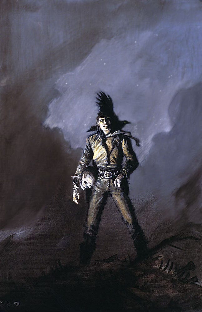 THE GUNSLINGER: ETERNAL NIGHT, preliminary concept for GUNSLINGER '88. With cloudy gray night sky as backdrop, Roland stands lit dramatically from below. A human skull rests between his forearm and hip. Zoltan the raven perches on his shoulder, spreading wings in profile behind him. The long handkerchief tied around Roland's neck is caught by the night breeze. His gun belts are crossed low over his waist and his free hand rests on the other hip with thumb tucked in his belt. On the hilltop where he stands, the vague outline of a rib cage and other bones can be seen loosely rendered.