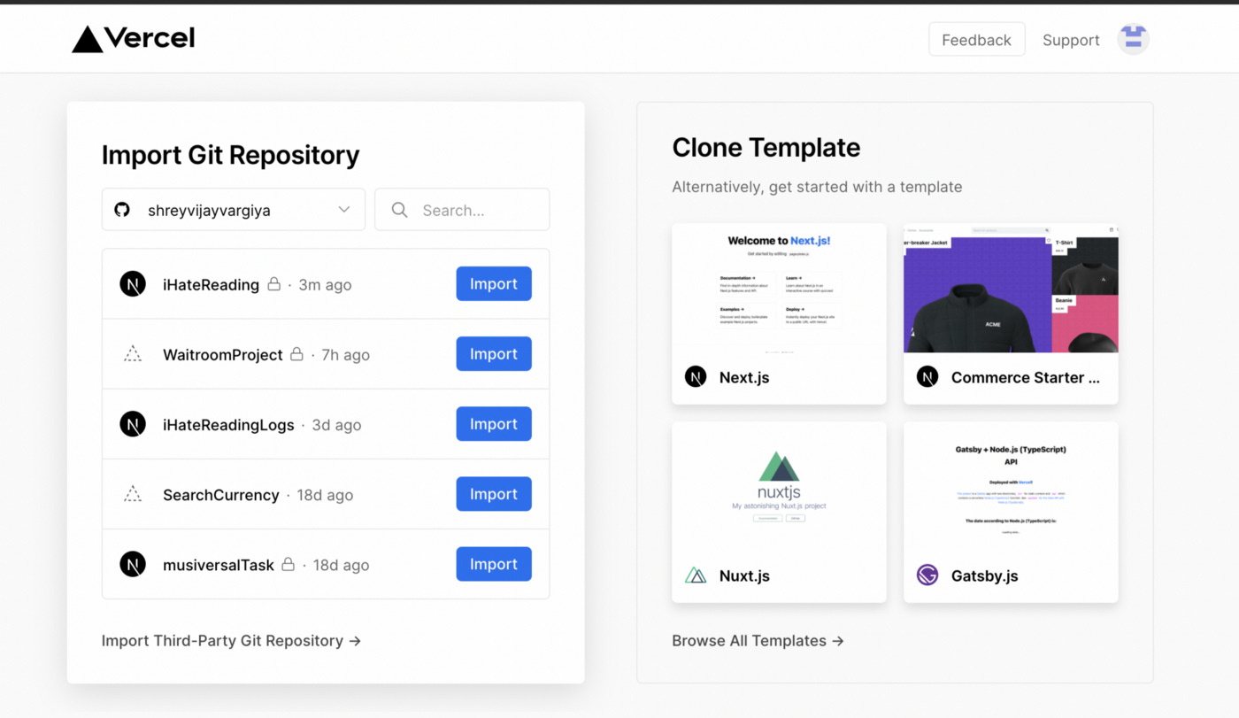 Connecting the Github repository to the Vercel