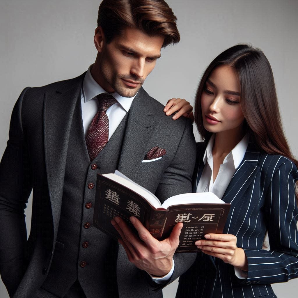 A good-looking tall athletic German man garbed in a classic male three-piece suit, clean-shaven and well-groomed, holding a textbook of Chinese language, deeply engrossed in observing Chinese in the textbook with a look of interest and curiosity on his face, while a young and beautiful teacher of Chinese language is showing him something in the book.