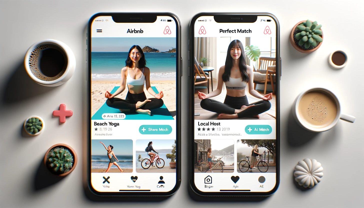 Render of two mobile phone screens. The left one shows an Airbnb profile of a young female traveler with images of her doing yoga, enjoying coffee, and with friends. The right screen displays a local female host's profile with her practicing beach yoga, biking in urban areas, and sipping coffee in a cafe setting. A conspicuous '+' sign between the screens highlights Airbnb's 'Perfect Match' AI feature, indicating a connection based on shared lifestyles.