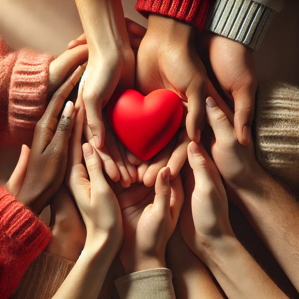 A small group of diverse hands of different skin tones gently holding a bright red heart together, symbolizing unity and love. The background is soft and neutral to emphasize the hands and the heart. The lighting is warm and gentle.