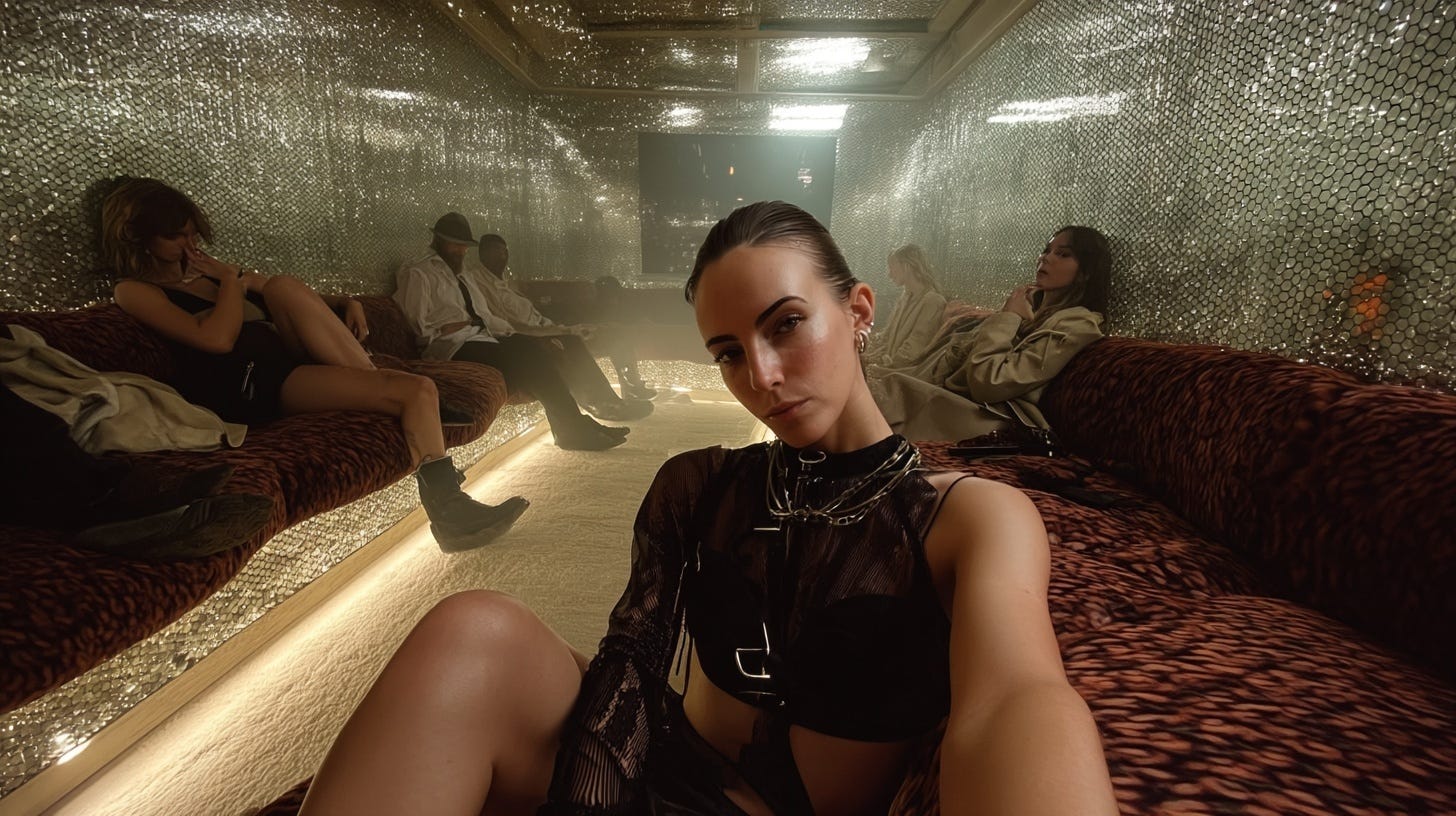 AI-generated fashion portraits by photographer Tobias Schneider, featuring the author in hyperreal, futuristic lounge environments. Created for an article exploring source monitoring error, memory distortion, and the psychological impact of seeing oneself in fictional yet photorealistic settings.