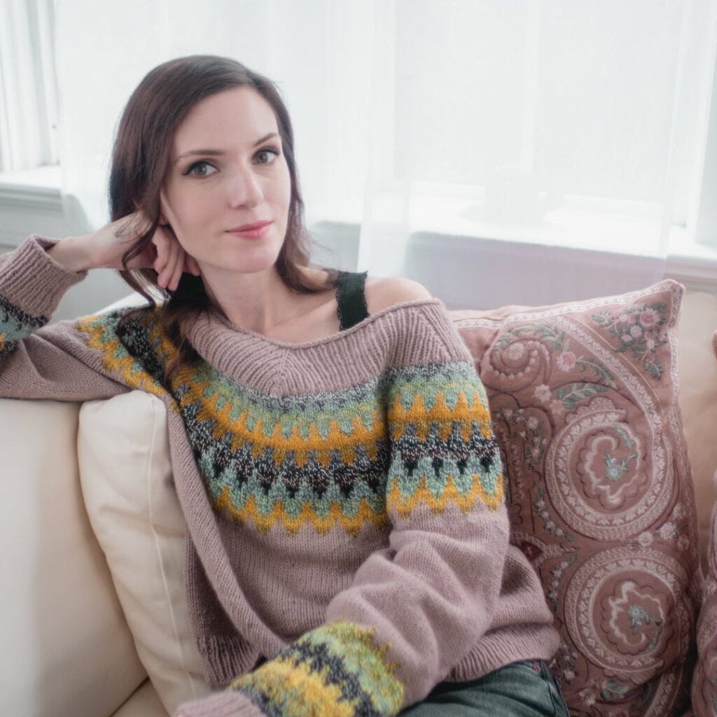 Knitting and Crochet Projects 2023: Completed EZ V Pullover by Caitlin Hunter, hand-knit by Kristin Lehrer in 2023, showcasing a soft dusty rose color with vibrant colorwork yoke. Knitting and Crochet Projects 2023: Completed EZ V Pullover by Caitlin Hunter, hand-knit by Kristin Lehrer in 2023, showcasing a soft dusty rose color with vibrant colorwork yoke.